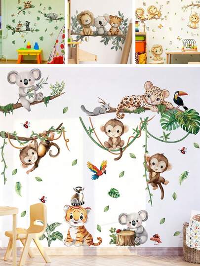 BRUP 1/2sheets Jungle Animals Wall Decals - Watercolor Tropical Wildlife Peel And Stick Wall Stickers For Kids Room Nursery