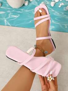女士方头细带凉拖鞋 - 夏季海滩度假休闲粉色简约平底凉鞋，适合日常穿着 - 粉色 - 查看 1