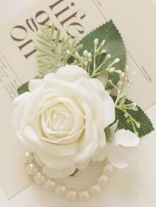 3pcs Wrist Corsage, Bridesmaid Wrist Flower, Faux Rose Wrist Corsage, Wedding Party Decoration - White - View 3