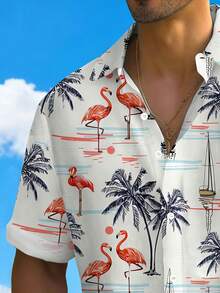 Áo sơ mi nam kiểu Hawaii, áo tay ngắn in hình hoa hồng hạc, cây cọ và thuyền buồm, thoáng khí, thích hợp cho kỳ nghỉ hè ở bãi biển. - Nhiều màu - Xem 4