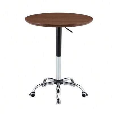 Walnut-Colored Side Table On Casters, Height Adjustable, 70 Cm In Diameter, Modern Round Table For Office, Kitchen And Cafe