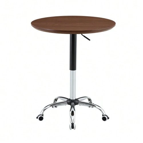 Mesa auxiliar color nogal con ruedas, altura regulable, 70 cm de diámetro, mesa redonda moderna para oficina, cocina y cafetería. - Marrón - Ver 1