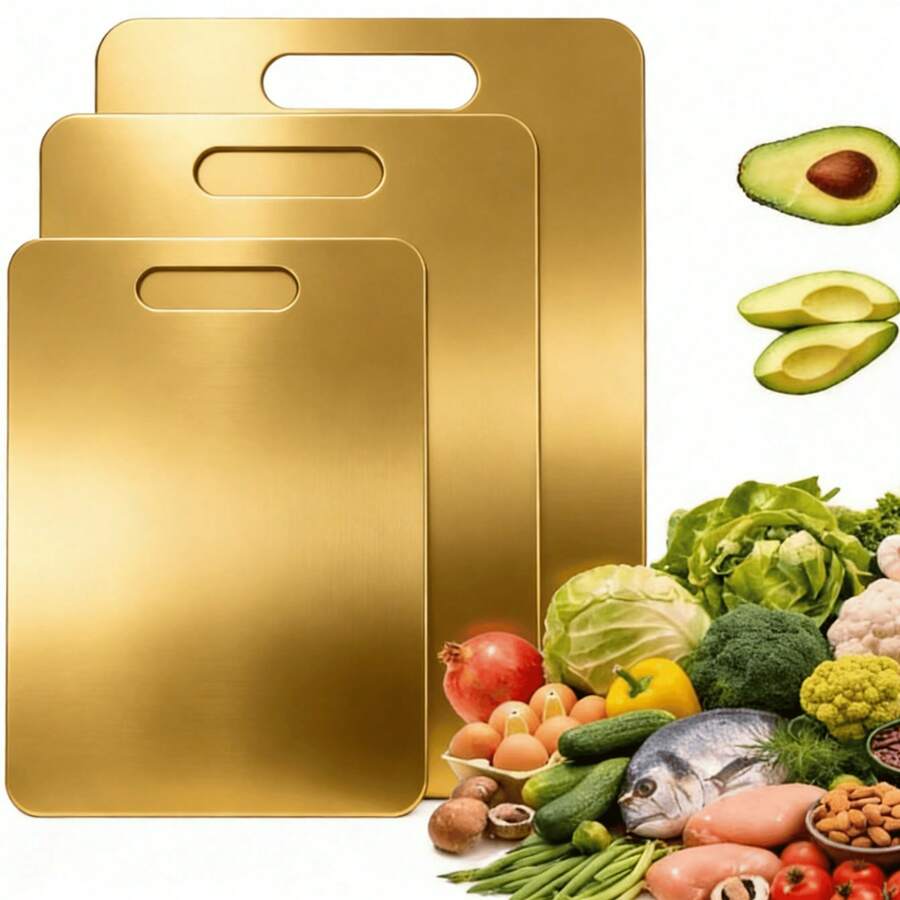 3 piezas/1 pieza Tabla de cortar antihongo de acero inoxidable de doble cara para uso doméstico - Dorado - Ver 1