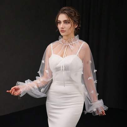 1pc 3D Floral Accent Elegant Bridal Shawl, Trumpet Sleeve Shawl For Wedding Gown, Evening Dress