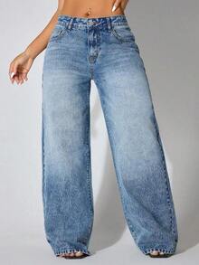 Low-Waist Wide-Leg Casual Blue Jeans With Slant Pockets, Summer Clothing Spring - 深色洗 - 查看 6