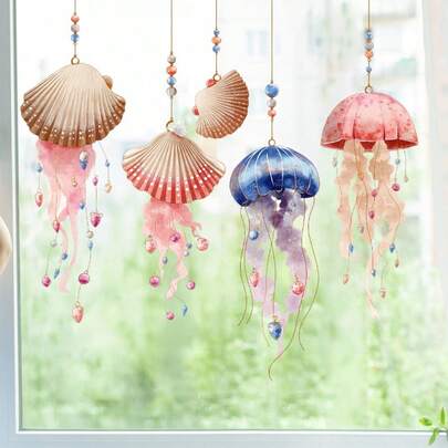 Summer Colorful Jellyfish Shells Decorations Wall Decals And Window Sticker For Bathroom, Kitchen & Bedroom - Self-Adhesive, Removable Bathtub & Glass Window Stickers, Door Stickers, Bathroom Glass Window Sticker