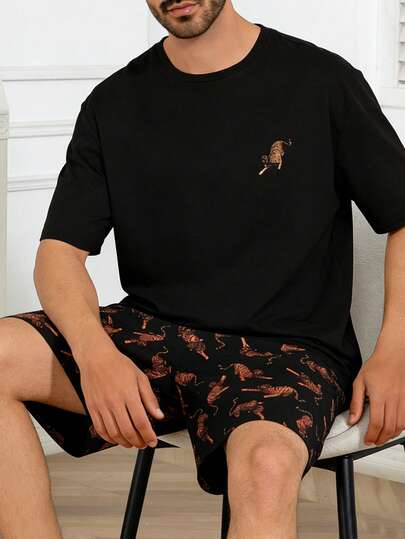 男士夏季睡衣套装：薄款圆领虎纹短袖短裤两件套休闲舒适家居服套装