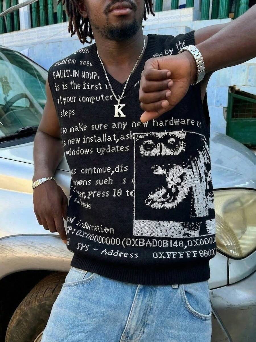 Áo dệt kim không tay họa tiết đầu lâu ban nhạc punk rock phong cách mới Xuân/Hè của ANDREILEE dành cho nam - màu đen - Xem 1