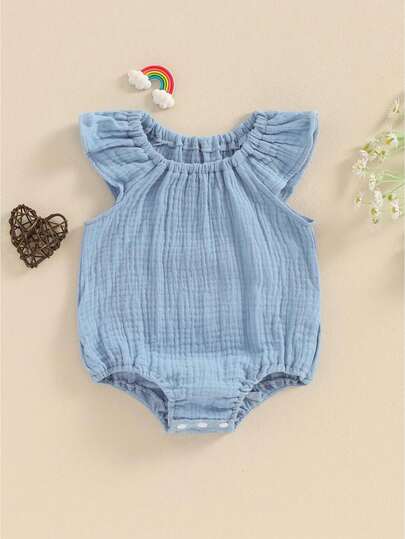 Baby Girls Romper Fly Sleeve Ruffles Round Neck Bodysuit Infant Summer Clothes For Casual Daily