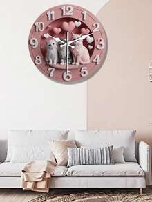 Charming Pink Wall Clock With Cute Cat And Heart Decor - Silent Non-Ticking, Large White Numerals, Wooden Round Design Suitable For Home Decor, Living Room, Bedroom, Office - Perfect Gift For Cat Lovers, Cat Decor, Cute Design, Durable Structure, 2D Flat - 1 YEAR - View 4