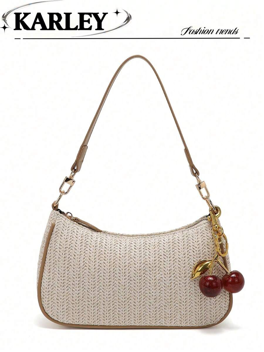 Túi xách thời trang nữ, túi đan rơm mùa hè mới, túi phong cách đi biển, túi dành cho phái đẹp thời Y2K, túi đeo vai, ví nhỏ. - Màu be - Xem 1