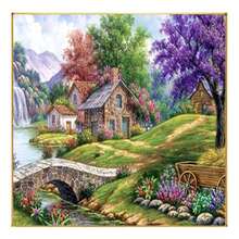 1 Set de Kit de Pintura de Diamantes sin Marco, Escenario Campestre Tranquilo con Encantadora Cabaña, Flores Vibrantes y Río, Adecuado para Decoración de Dormitorio, Sala de Estar, Oficina o Cocina, Decoración Mural Exterior, Técnica de Diamante Redondo Completo para Principiantes Adultos - Sin marco - Ver 3