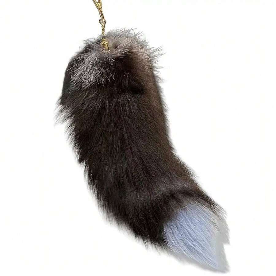 Huge Fluffy Faux Therian Fox Tail Fur Key Chain Keychain Pendant Gift For Women Girl - Silver Fox - View 1