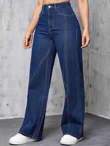 Fashionable Elegant Pocket Button Solid Color Pants, Suitable For Casual Daily Wear For Teen Girlin Spring, Summer, Autumn And Winter - Dark Wash - View 8