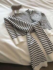1 Stück Damen Mode gestreifter Strick-Cardigan mit kontrastfarbigem kleinem Schal, Frühling/Sommer/Herbst Sonnenschutz multifunktionaler Büro-Mesh-Schal für Klimaanlagenräume, Nacken- & Schulterschutz-Weste, geeignet für alle Jahreszeiten, RC Kleid - Verschiedenfarbig - Übersicht 4