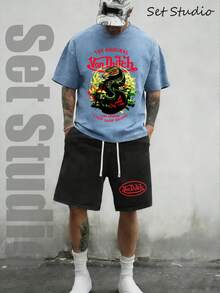 Mens Creative T-Shirt And Shorts Set American Vintage Full Print Street Wear Essential T-Shirt Set Men Graphic T-Shirt And Shorts Set With Dragon And Von Dutchs Logo Print Washed Look For Casual Outfits And Urban Style - 藍色和黑色 - 查看 2