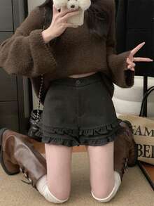 Quần short nữ mềm mại, thiết kế bèo nhún eo và có túi, kiểu dáng thường ngày, thoải mái, phong cách đường phố nhẹ nhàng, nữ tính * Quần ống rộng thoải mái cơ bản, thích hợp cho đi làm, mùa hè - Màu xám đen - Xem 6