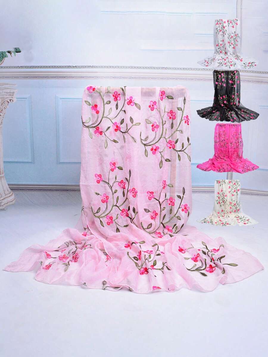 1pc Summer Sunscreen Shawl, Retro Embroidered Scarf, Beach Wrap, Floral Print, Polyester Fiber - Multicolor - View 1