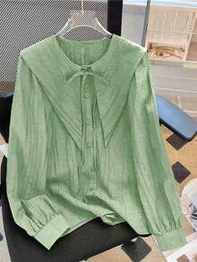 Women's Navy Collar Long Sleeve Pleated Shirt With Front Button And Drawstring Detail, Polyester Washable, Fashionable Blouse For All Seasons Spring - Mint Green - View 3