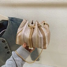 Woven Texture Fashion New One Shoulder Diagonal Handbag, Tote Bag For Work Commute, Drawstring Bucket Bag With Simple Stylish Metal Chain Shoulder Strap - Multicolor - View 11