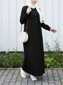 Đầm maxi nữ thanh lịch, màu trơn, cổ tròn, tay phồng, kiểu dáng Ả Rập, trang trí cúc, thích hợp cho mùa xuân/thu và lễ Eid. - màu đen - Xem 3