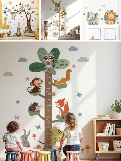 BRUP Bộ 2/3/4/6 tờ/bộ, bảng đo chiều cao khổ lớn hình các loài động vật đáng yêu, thước đo tăng trưởng nhiều màu sắc từ 20 đến 170 cm với hình gấu trúc, khỉ, sóc, cáo trên cây, dùng để trang trí phòng ngủ trẻ em, có thể bóc và dán dễ dàng, tranh nghệ thuật theo dõi sự phát triển chủ đề rừng cây ngộ nghĩnh.
