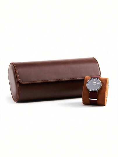 男士奢华真皮腕表卷 - 三格旅行腕表盒，可拆卸枕垫，柔软天鹅绒内衬，安全按扣，便携式腕表收纳整理盒，商务旅行必备，男士礼品