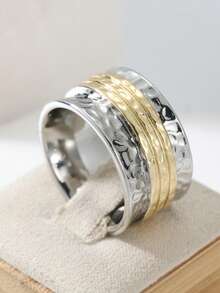 Fashionable Minimalist Metal Wire Designed Dual-Tone Wide Ring, Suitable For Women's Wedding, Party, And Daily Wear, A Versatile Jewelry Accessory - Silver - View 2