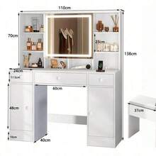 Habitdesign Vanity Tocador con Espejo y Luces, Tocador para Recamara con 3 Cajones y 2 Armario, Estantes Ocultos, Tocador de Maquillaje con Estación de Carga Escritorio - Negro - Ver 3