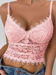 Camiseta de tirantes con adorno de encaje rosa, esencial para el verano - Rosa - Ver 3