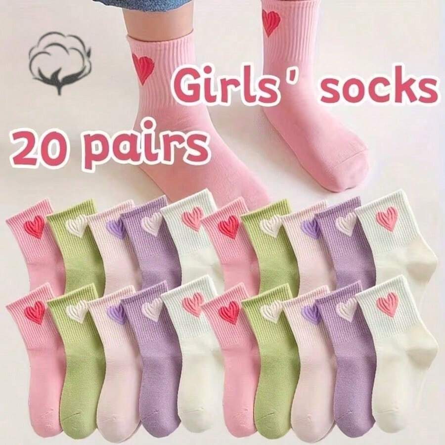 20 Pairs Cotton Children's Socks, Cute Heart Pattern, Versatile Mid-Calf Socks For Boys & Girls, Spring/Summer/Autumn - Multicolor - View 1