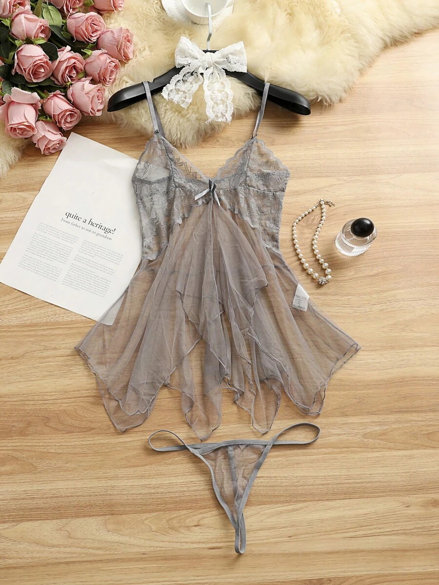 2pcs Sexy Sheer Mesh Camisole Nightgown Lingerie Set For Women - Grey - View 1