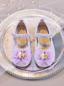 1 paire de chaussures de princesse en cristal et strass pour filles, chaussures de cérémonie à fleurs 3D de style Mary Jane, convenant aux filles de 3 à 12 ans - Prune - Voir 5
