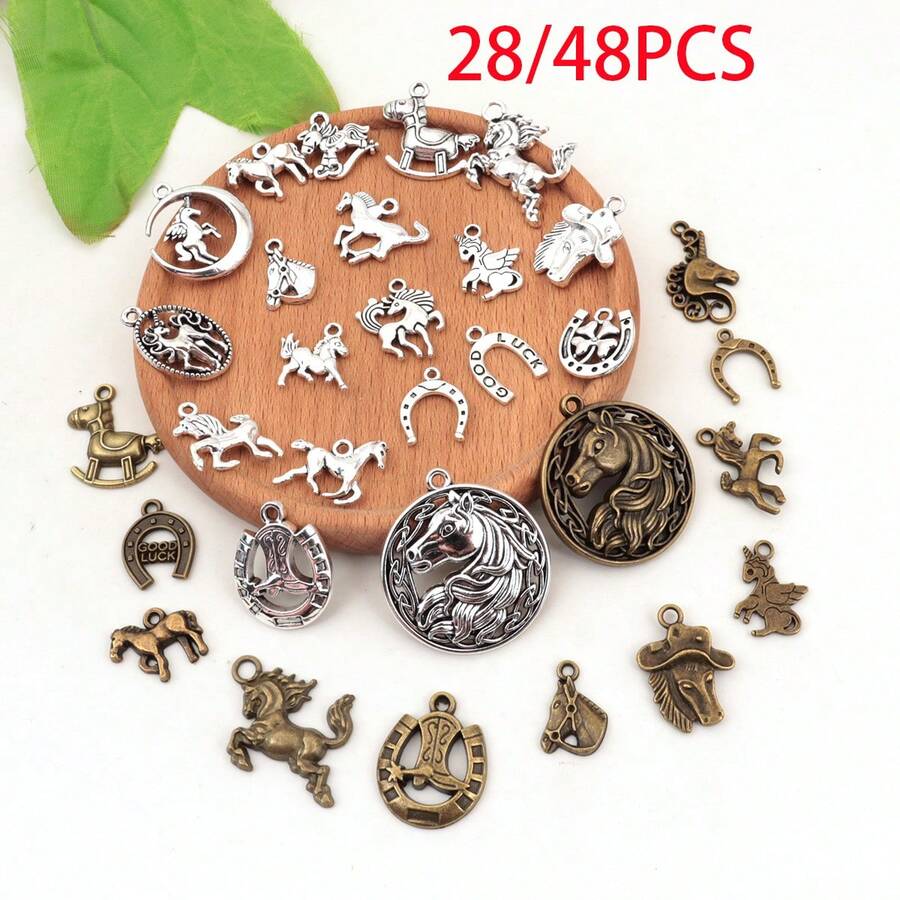 28/48 PCS Random Mixed Horse-Shaped Pendants, Vintage Alloy Horse Series Charms For Necklace, Bracelet And Earring Jewelry Making - A5668- - View 1