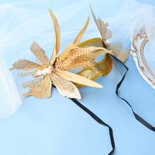 金色蝴蝶麦穗图案闪光化妆舞会面具，新娘派对半脸面具 - 金色 - 查看 3