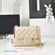 Beige Quilted Leather Crossbody Bag With Gold Chain And Spherical Charm – Women's Flap Wallet, Elegant Everyday Shoulder Bag - 米色 - 查看 12