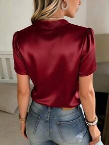 女士时尚短袖上衣，饰有蝴蝶结腰带，采用闪亮梭织面料制成，夏季款 - 紅木色 - 查看 3