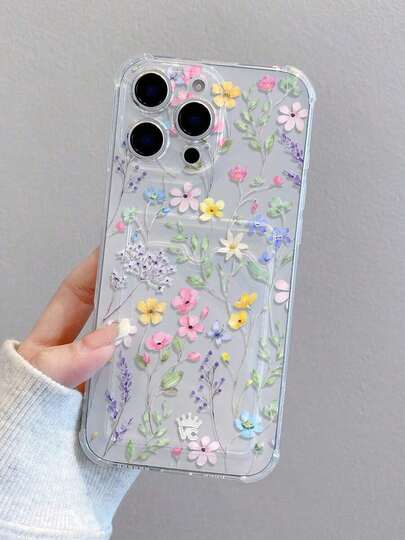 1pc Floral Print Pattern Transparent Shockproof TPU Phone Case, Can Be Used As Holiday Gift, Compatible With Iphone XS/XS Max/XR/11 12 13 14 15 16 Pro 17/Pro Max/14 15 16 Plus, Card Holder