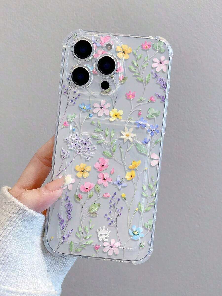 1pc Floral Print Pattern Transparent Shockproof TPU Phone Case, Can Be Used As Holiday Gift, Compatible With Iphone XS/XS Max/XR/11 12 13 14 15 16 Pro 17/Pro Max/14 15 16 Plus, Card Holder - 1 cái - Xem 1