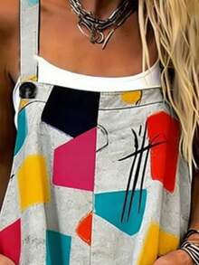 Abstract Geometric Color Block All-Over Print Women's Adjustable Strap Jumpsuit, Polyester Fiber Fabric, Lightweight And Breathable, Women's Clothing, Standard Size Jumpsuit, Plus Size Women's Clothing, Plus Size Jumpsuit And Romper, Plus Size Jumpsuit - 彩色 - 查看 3