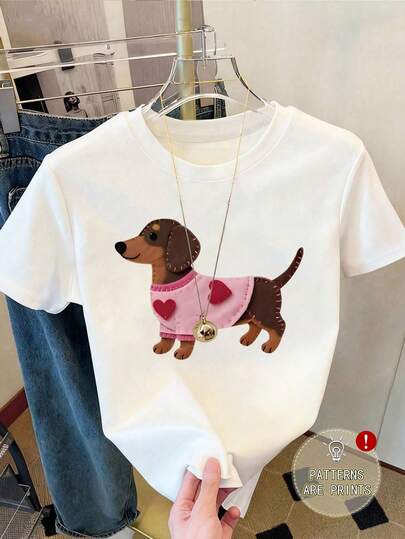 Camiseta de mujer casual de talla grande con cuello redondo y manga corta, con estampado lindo de perro salchicha, de tela con alta elasticidad, adecuada para uso diario y vacaciones de verano