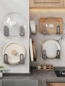 2pcs Plastic Pot Lid Rack, Wall-Mounted Pot Lid Holder Without Drilling, For Storing Pot Lids, Cutting Boards, Frying Pans And Other Kitchen Supplies - Multicolor - View 3