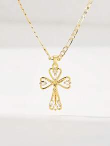 1pc Classic European & American Style Copper Inlaid Zirconia Small Hollow Cross Jesus Pendant Necklace, Limited Edition, Suitable For Christmas/Thanksgiving/Halloween/Mother's Day/Valentine's Day Gifts, Catholic First Communion, Daily & Holiday Wear, Prayer - Yellow Gold - View 1
