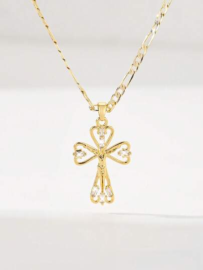  1pc Classic European & American Style Copper Inlaid Zirconia Small Hollow Cross Jesus Pendant Necklace, Limited Edition, Suitable For Christmas/Thanksgiving/Halloween/Mother's Day/Valentine's Day Gifts, Catholic First Communion, Daily & Holiday Wear, Prayer
