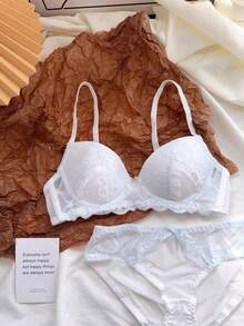 Japanese-Style Gentle And Sweet Women's Lingerie, Romantic Lace, Pure Desire Style, Small Chest Gathering, Wireless Bra - Baby Blue - View 2