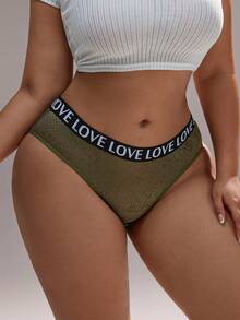 Plus Size Women's Sexy Lace Patchwork Seamless Panties, Comfortable Letter Waistband Sports Bra, Tummy Control Shapewear - Olive Green - View 5