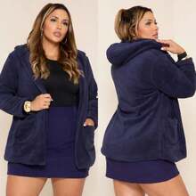 Plus Size Teddy Coat, Lined Inside, With Hood, Women's Cold Weather Overcoat - Navy Blue - View 1
