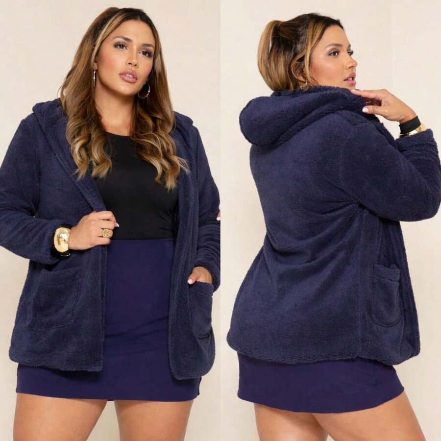 Plus Size Teddy Coat, Lined Inside, With Hood, Women's Cold Weather Overcoat - Navy Blue - View 1