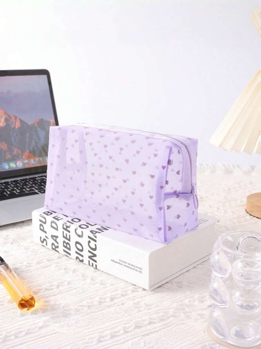1pc Purple Heart Nylon Polyester Flocking Netting Makeup Bag, Large Capacity Breathable Lipstick Storage For Washing And Toileting, Lightweight Mesh Shower Bag With Zipper Handle, Portable Hanging Toilet Bathroom Storage Bag, Using Quick-Drying Technology, Portable Toiletry Bag - Purple - View 1