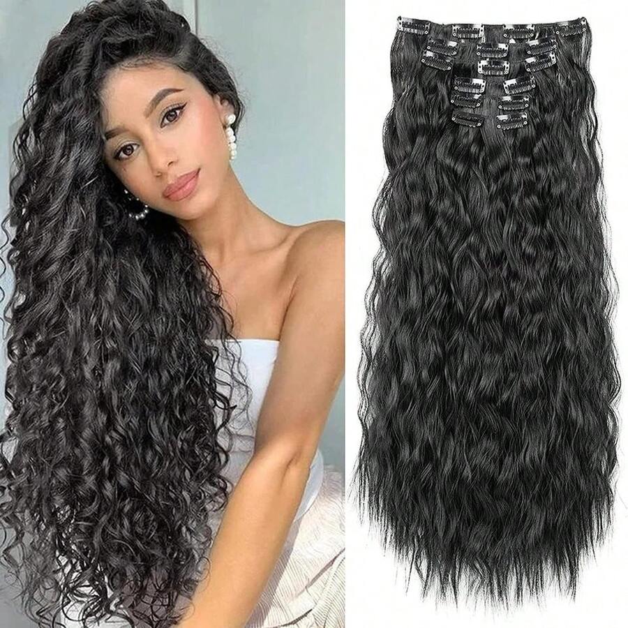24-Inch 6pcs/Set Mermaid Wave Synthetic Clip-In Hair Extensions, Suitable For Women - Multicolor - View 1